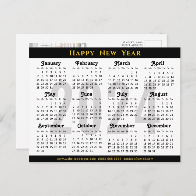 Postal Festiva Modern Black 2024 Calendar Corporate Photo Simple (Anverso / Reverso)