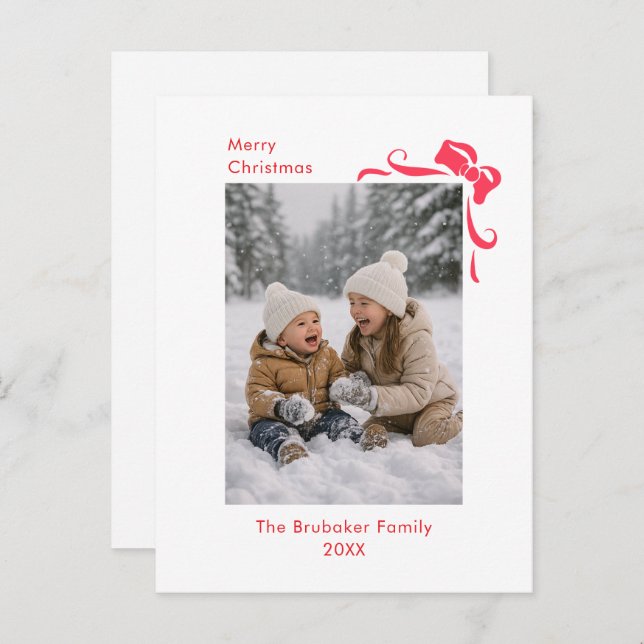 Postal Festiva Modern Festive Red Bow Merry Christmas Photo (Anverso / Reverso)