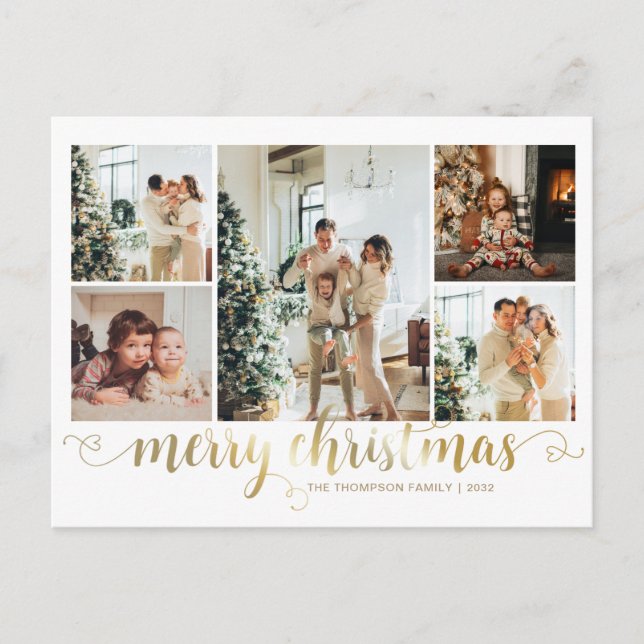 Postal Festiva Modern Gold Merry Christmas Heart Script 5 Photo (Anverso)