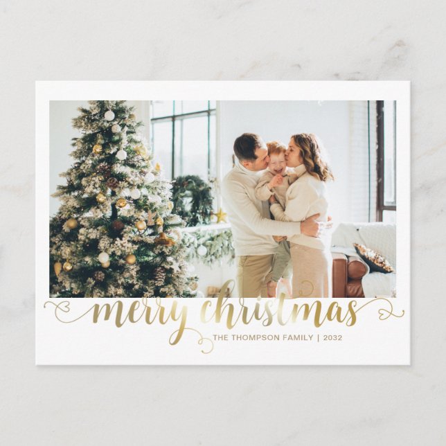 Postal Festiva Modern Gold Merry Christmas Heart Script Foto (Anverso)