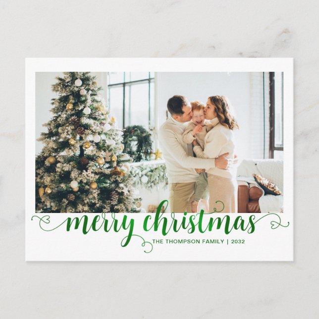 Postal Festiva Modern Green Merry Christmas Script Photo (Anverso)