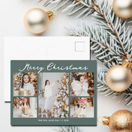 Postal Festiva Modern Merry Christmas Photo Collage Grey Green