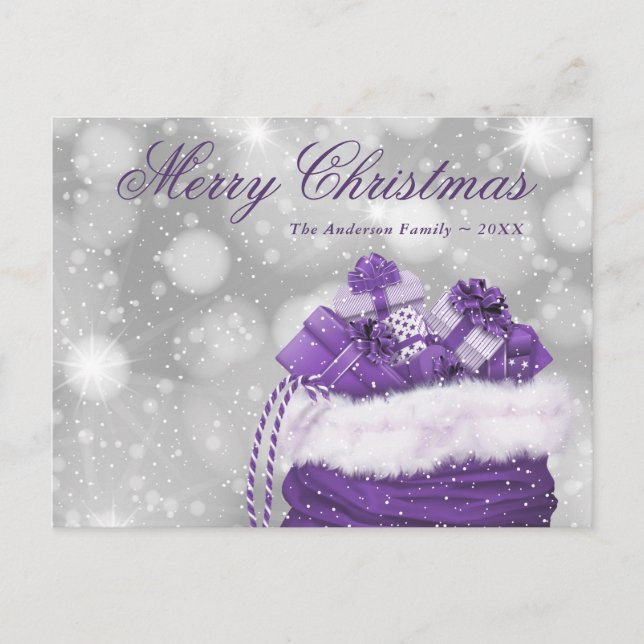 Postal Festiva Modern Purple Merry Christmas Snow Presenta (Anverso)