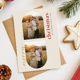 Postal Festiva Modern Red & Gold Script Family Photo Christmas