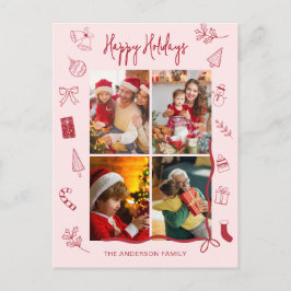 Postal Festiva Modern Red Pink Holiday Family Collage