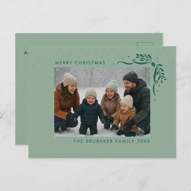 Postal Festiva Modern Sage Hand Drawn Bows Christmas Photo (Anverso / Reverso)