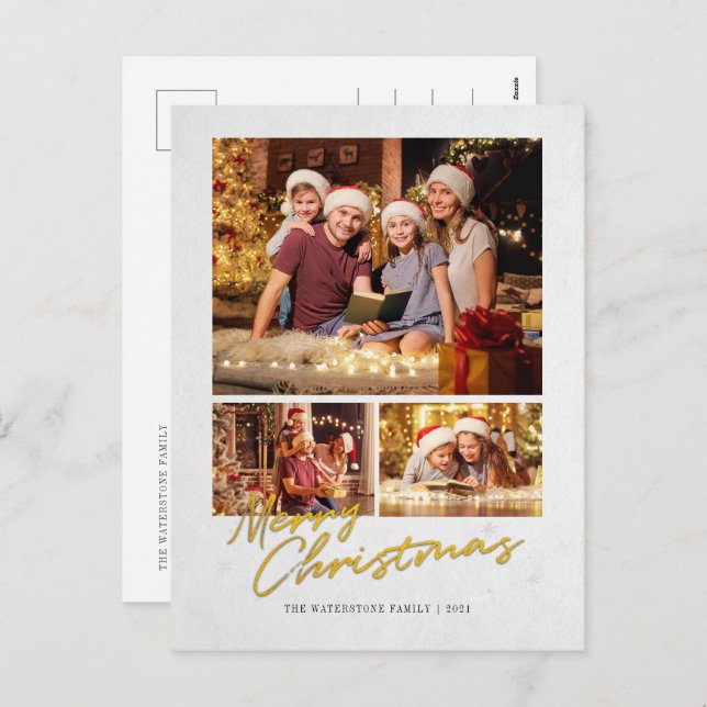 Postal Festiva Moderna Faux Gold de la familia navideña Merry (Anverso / Reverso)