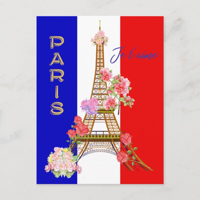 Postal Festiva Moderna Floral Paris je t'aime Eiffel Tower Travel (Anverso)