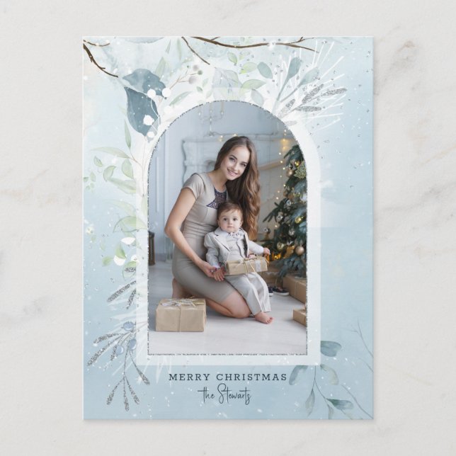 Postal Festiva Moderna foto de arco botánico de invierno azul bri (Anverso)