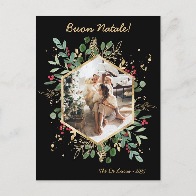 Postal Festiva Moderna foto de vegetación botánica Buon Natale (Anverso)