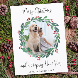 Postal Festiva Moderna foto de Wreath sobre la vegetación navideñ