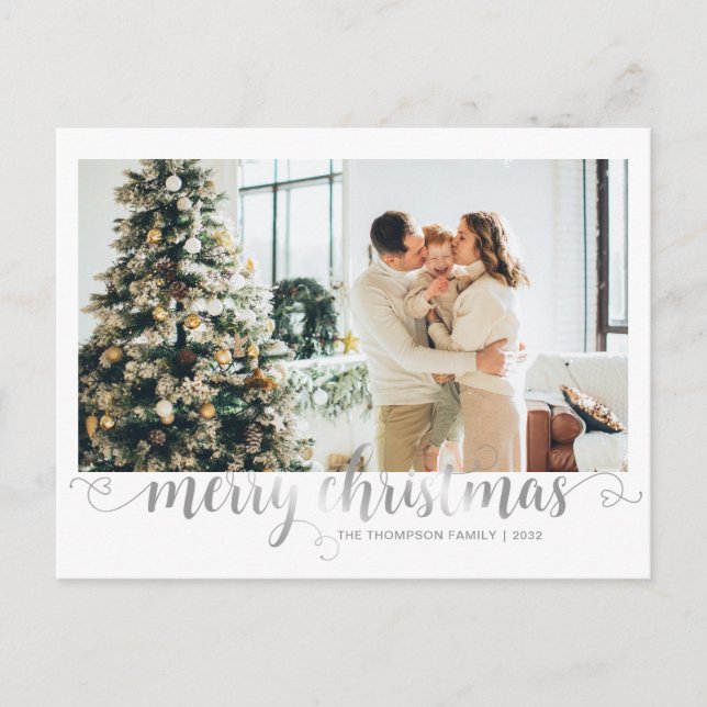 Postal Festiva Moderna plata Merry Christmas Heart Script Photo (Anverso)
