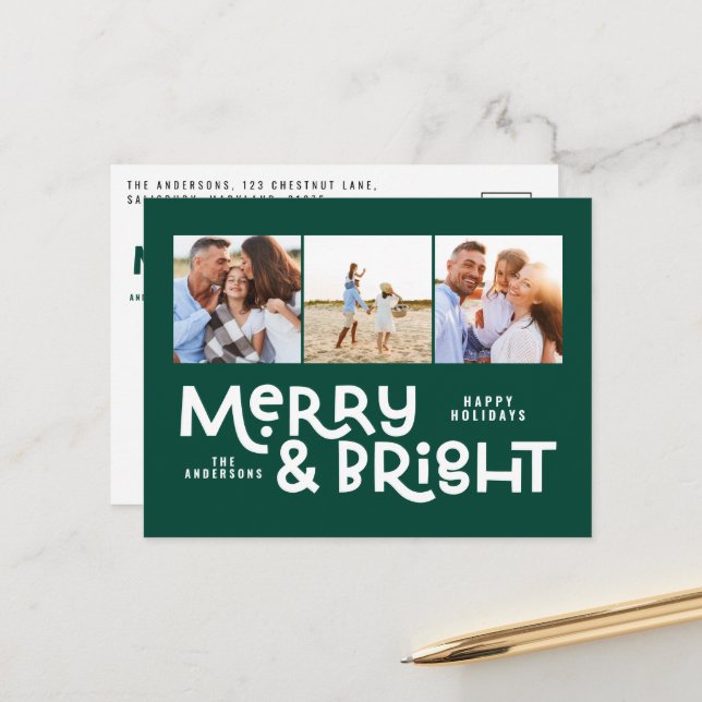 Postal Festiva Moderna tipografía mínima 3 Navidades fotográficos (Anverso/Reverso In Situ)