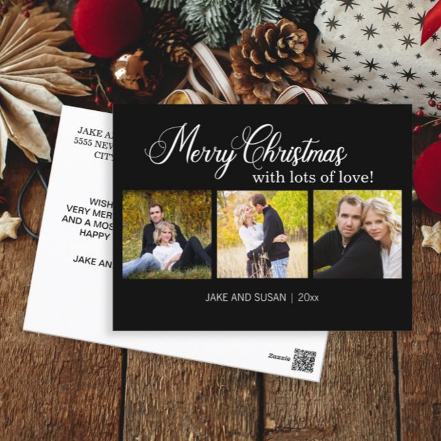 Postal Festiva Moderno Black Merry Christmas Love Year 3 Photo (3-photo "Merry Christmas with Lots of Love" newlywed postcard)