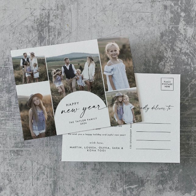Postal Festiva Moderno Boho Arch Multi Photo Family News Año Nuev (Subido por el creador)