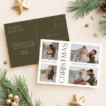Postal Festiva Moderno Mínimo Olive Green Cuatro Navidades De Fot<br><div class="desc">Celebre la temporada de vacaciones con esta moderna postal minimalista de color verde oliva con un collage de cuatro fotos. Con una tipografía elegante y un entorno verde oliva elegante, esta carta es perfecta para familias que quieran compartir sus momentos especiales con un toque cálido y elegante. El mensaje vertical...</div>