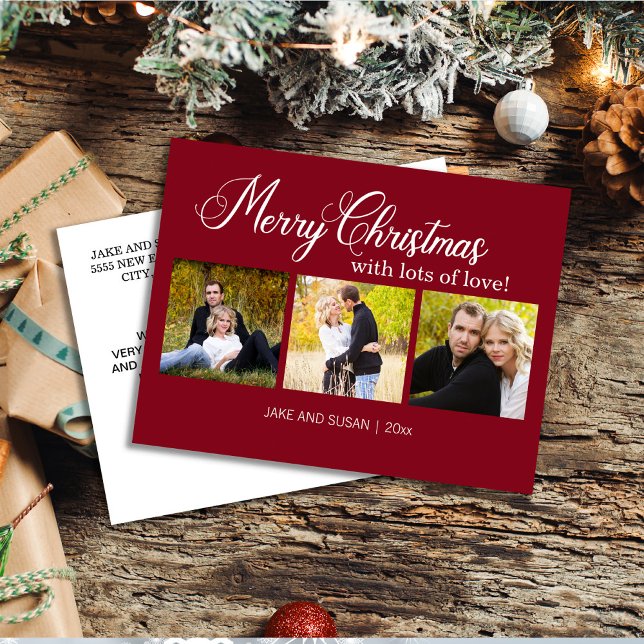 Postal Festiva Moderno Red Merry Christmas 3 Photo Year (Red/burgundy 3-photo Christmas greeting postcard)