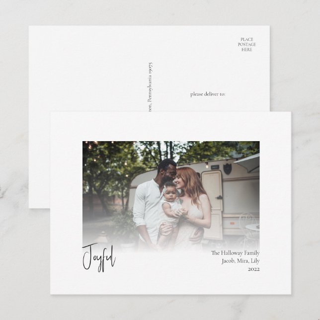 Postal Festiva Modernos Navidades alegres escriben foto desenfada (Anverso / Reverso)