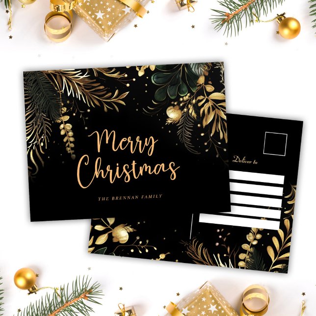 Postal Festiva Modernos Navidades botánicos de oro negro (Modern Elegant Black Gold Botanical Christmas Holiday Postcard)