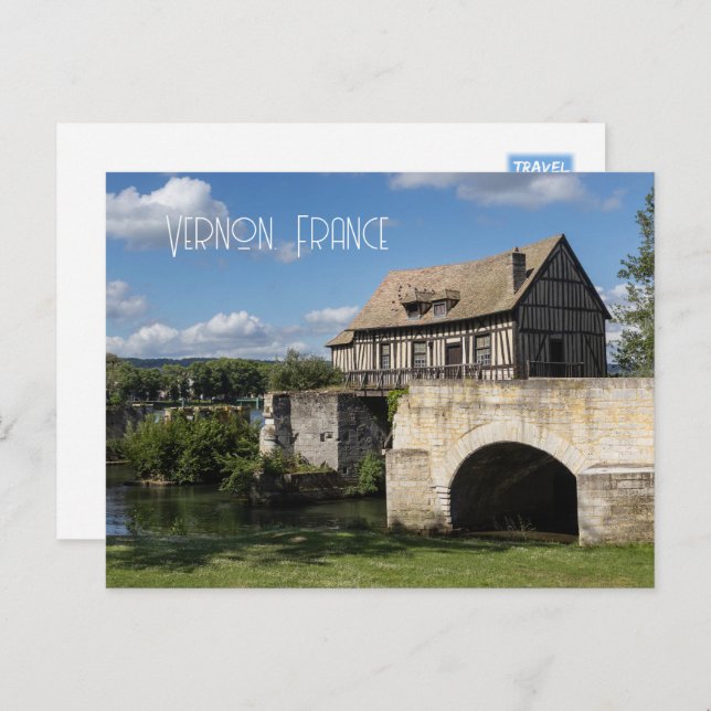Postal Festiva Molino antiguo junto al río Sena, Vernon (Anverso / Reverso)