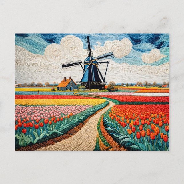 Postal Festiva Molino de viento histórico en el floreciente campo (Anverso)