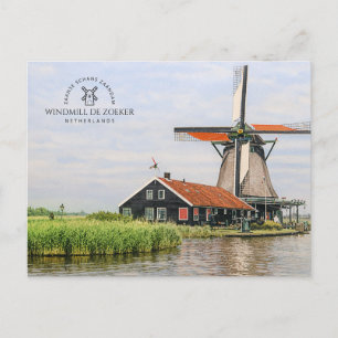 Postal Festiva Molino de viento Zaanse Schans Acuarela Patrimonio