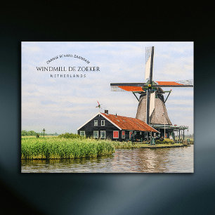 Postal Festiva Molino de viento Zaanse Schans Acuarela Patrimonio