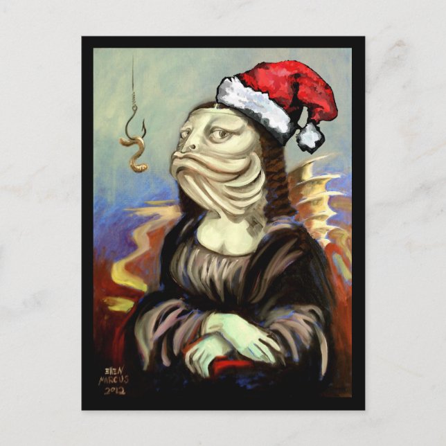 Postal Festiva Mona Lisa como pez en un sombrero de Santa (Anverso)