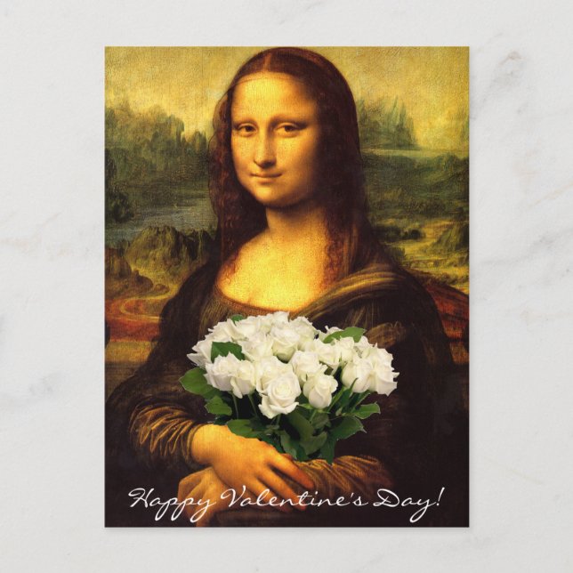 Postal Festiva Mona Lisa Con Bouquet De Rosas Blancas (Anverso)