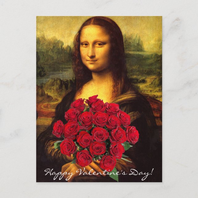 Postal Festiva Mona Lisa Con Bouquet De Rosas Rojas (Anverso)