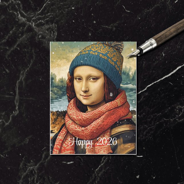 Postal Festiva Mona Lisa con gorro - Feliz 2026 (Subido por el creador)