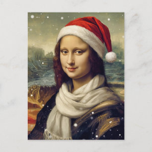 Postal Festiva Mona Lisa con sombrero de Santa - vibraciones fest