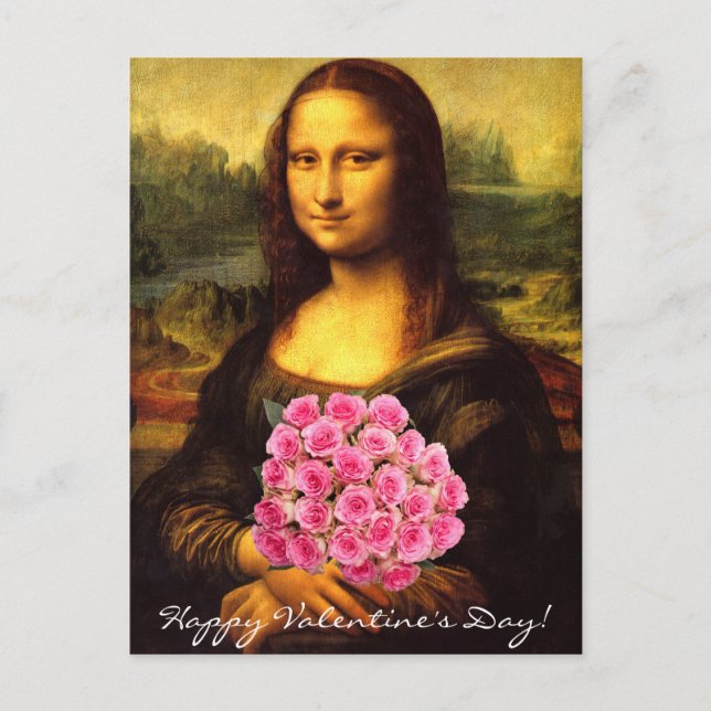 Postal Festiva Mona Lisa Con Un Bouquet De Rosas Rosa (Anverso)