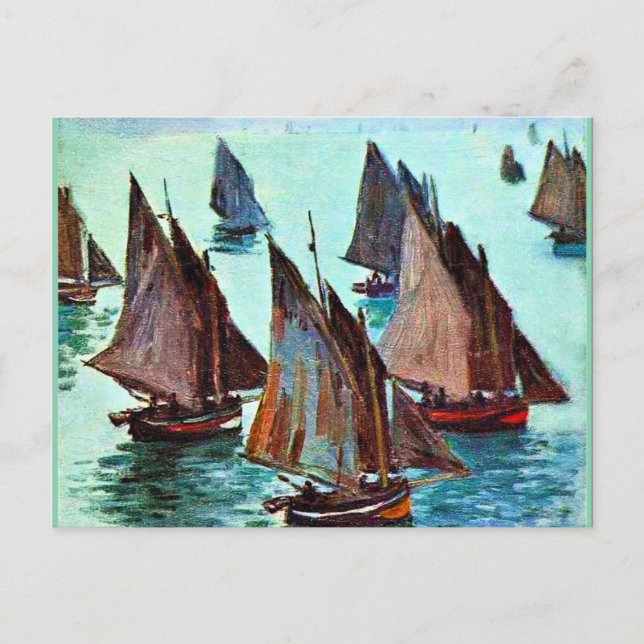 Postal Festiva Monet - Barcos de pesca, mar tranquilo, obras de a (Anverso)