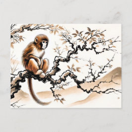 Postal Festiva Mono lúdico de tinta china encaramado en un árbol