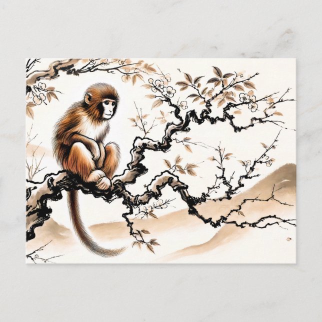 Postal Festiva Mono lúdico de tinta china encaramado en un árbol (Anverso)