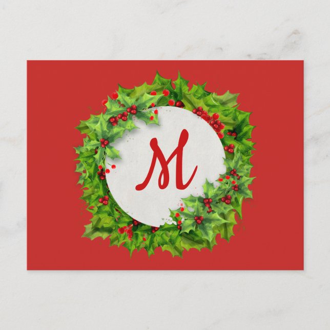 Postal Festiva Monogram Holly Berry Wreath (Anverso)