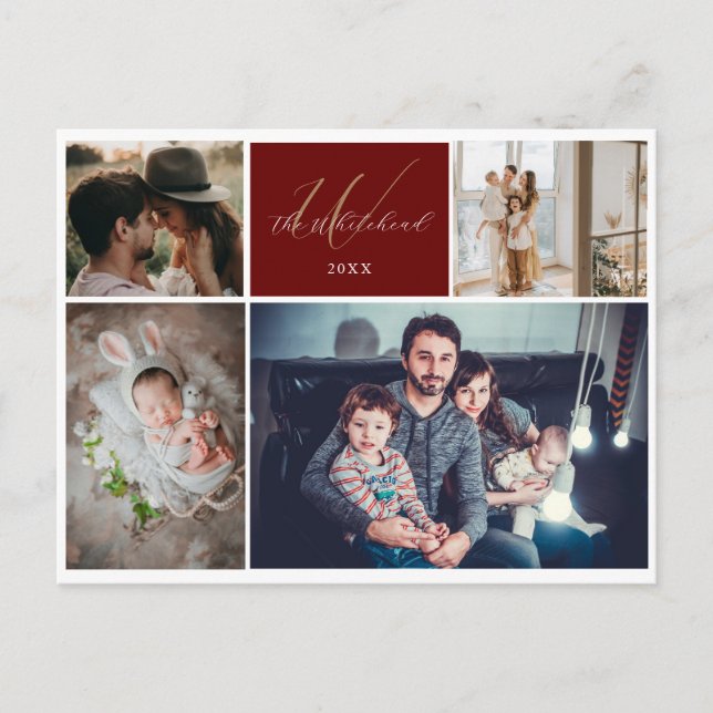 Postal Festiva Monograma moderno de 4 fotos familiares (Anverso)