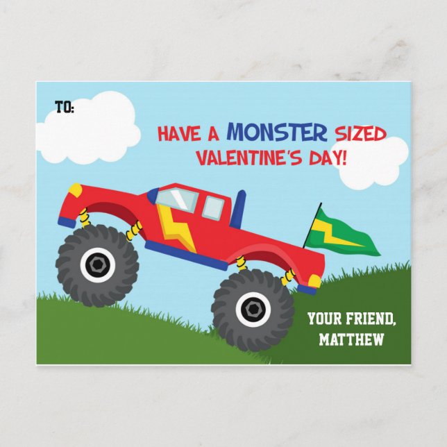 Postal Festiva Monster Camión Día de San Valentín niños con tarje (Anverso)