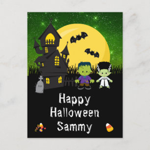 Postal Festiva Monstruos Felices de Halloween Verde