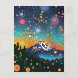 Postal Festiva Monte Rainier w Evening Starry Sky y luciérnagas