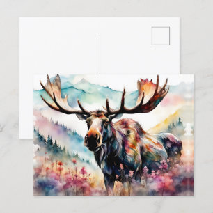 Postal Festiva Moose in Wildflowers acuarela