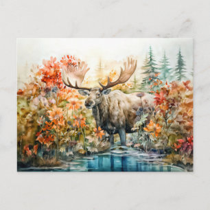 Postal Festiva Moose parado en estanque entre plantas