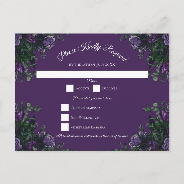 Postal Festiva Morado Floral Elegante Boda Gótica (Anverso)