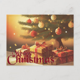 Postal Festiva Motif de Navidad, con regalos bajo el árbol de Nav