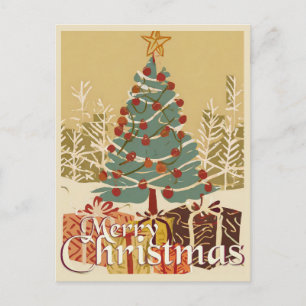 Postal Festiva Motivo de Navidad, con regalos bajo el árbol de Na