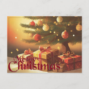 Postal Festiva Motivo de Navidad, con regalos bajo el árbol de Na