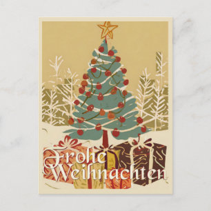 Postal Festiva Motivo de Navidad, con regalos debajo del árbol de