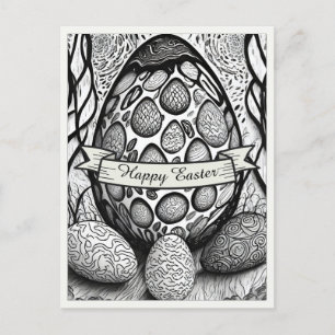 Postal Festiva Motivo de Pascua b/n caricatura con huevos de Pasc
