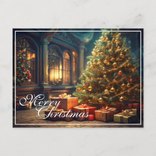 Postal Festiva Motivo navideño con regalos bajo el árbol de Navid